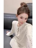 White Long Sleeve Two Pieces Corp Top Hollow Out Knitting Mini Skirt Sets