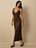 Brown Halter V Neck Knitted Folds Bodycon Casual Office Midi Dress