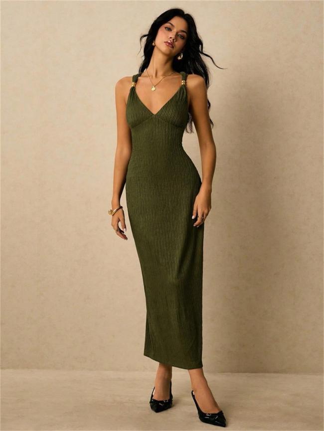 Green Halter V Neck Knitted Folds Bodycon Casual Office Midi Dress