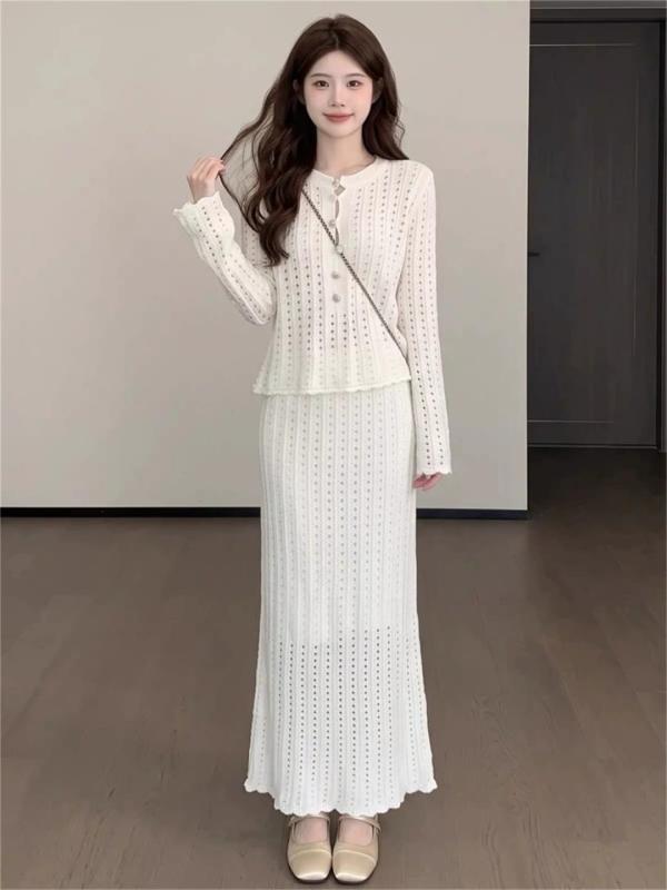 White Long Sleeve Two Pieces Corp Top Hollow Out Knitting Midi Skirt Sets