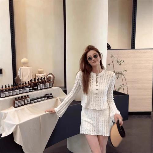White Long Sleeve Two Pieces Corp Top Hollow Out Knitting Mini Skirt Sets