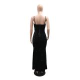 Black Halter Low Cut Sequins Bodycon Evening Wedding Formal Long Dress
