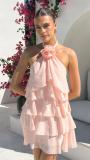 Pink Sleeveless Halter Ruffles Fashion Summer Mini Dress