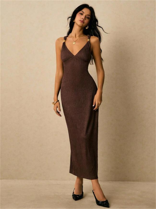 Brown Halter V Neck Knitted Folds Bodycon Casual Office Midi Dress