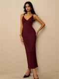 Claret Halter V Neck Knitted Folds Bodycon Casual Office Midi Dress