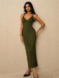 Green Halter V Neck Knitted Folds Bodycon Casual Office Midi Dress