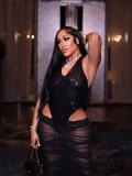 Black Halter V Neck Backless Sequins Mesh Pleated Sexy Midi Dress