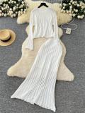 White Long Sleeve Two Pieces Corp Top Hollow Out Knitting Midi Skirt Sets
