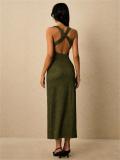 Green Halter V Neck Knitted Folds Bodycon Casual Office Midi Dress