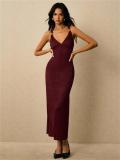 Claret Halter V Neck Knitted Folds Bodycon Casual Office Midi Dress