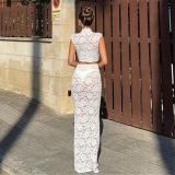 White Two Pieces Turtleneck Lace Hollow Out See Through Crop Tops Bodycon Maxi Dress