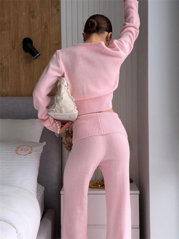 Pink Two Pieces Knitted Cardigan High Waist Fashion Long Pant Sets