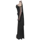 Black Low Cut Off Shoulder Sexy Elegant Women Formal Party Evening Long Dress with Gloves