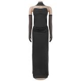 Black Low Cut Off Shoulder Sexy Elegant Women Formal Party Evening Long Dress with Gloves