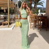 Green Two Pieces Turtleneck Lace Hollow Out See Through Crop Tops Bodycon Maxi Dress