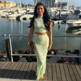 Green Two Pieces Turtleneck Lace Hollow Out See Through Crop Tops Bodycon Maxi Dress