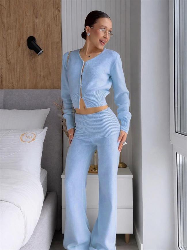 Blue Two Pieces Knitted Cardigan High Waist Fashion Long Pant Sets
