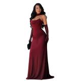 Claret Low Cut Off Shoulder Sexy Elegant Women Formal Party Evening Long Dress with Gloves