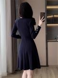 Royal Blue Long Sleeve V Neck Knitted Women Pleated Mini Skirt Dress