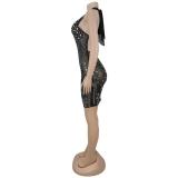 Black Halter Neck Diamonds Bodycon See Through Evening Party Mini Dress