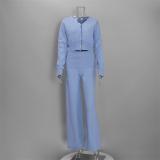 Blue Two Pieces Knitted Cardigan High Waist Fashion Long Pant Sets