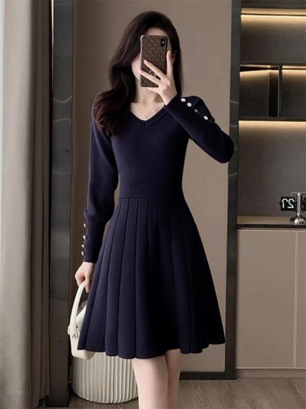 Royal Blue Long Sleeve V Neck Knitted Women Pleated Mini Skirt Dress