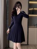 Royal Blue Long Sleeve V Neck Knitted Women Pleated Mini Skirt Dress