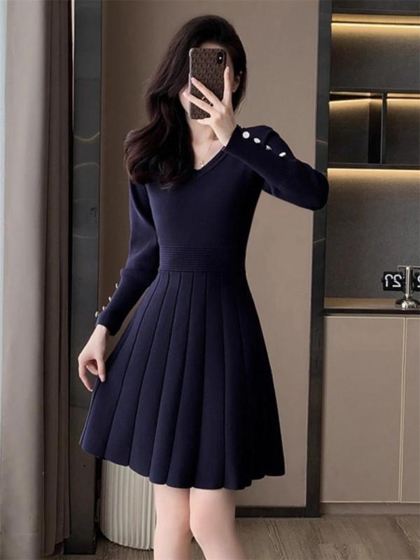 Royal Blue Long Sleeve V Neck Knitted Women Pleated Mini Skirt Dress
