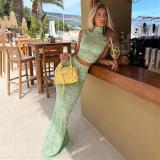 Green Two Pieces Turtleneck Lace Hollow Out See Through Crop Tops Bodycon Maxi Dress