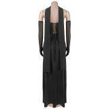 Black Low Cut Off Shoulder Sexy Elegant Women Formal Party Evening Long Dress with Gloves