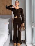 Brown Two Pieces Knitted Cardigan High Waist Fashion Long Pant Sets