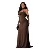 Brown Low Cut Off Shoulder Sexy Elegant Women Formal Party Evening Long Dress with Gloves