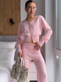 Pink Two Pieces Knitted Cardigan High Waist Fashion Long Pant Sets