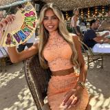 Orange Two Pieces Turtleneck Lace Hollow Out See Through Crop Tops Bodycon Maxi Dress