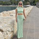 Green Two Pieces Turtleneck Lace Hollow Out See Through Crop Tops Bodycon Maxi Dress