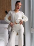 White Two Pieces Knitted Cardigan High Waist Fashion Long Pant Sets