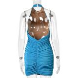 Blue Sleeveless Folds Pleated Backless Women Party Mini Dress