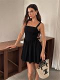 Black Straps Low Cut Fishboned Lace Up Bandage Mini Dress