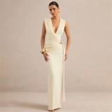 Light Yellow Sleeveless Deep V Neck Pleated Metal Bodycon Formal Maxi Dress
