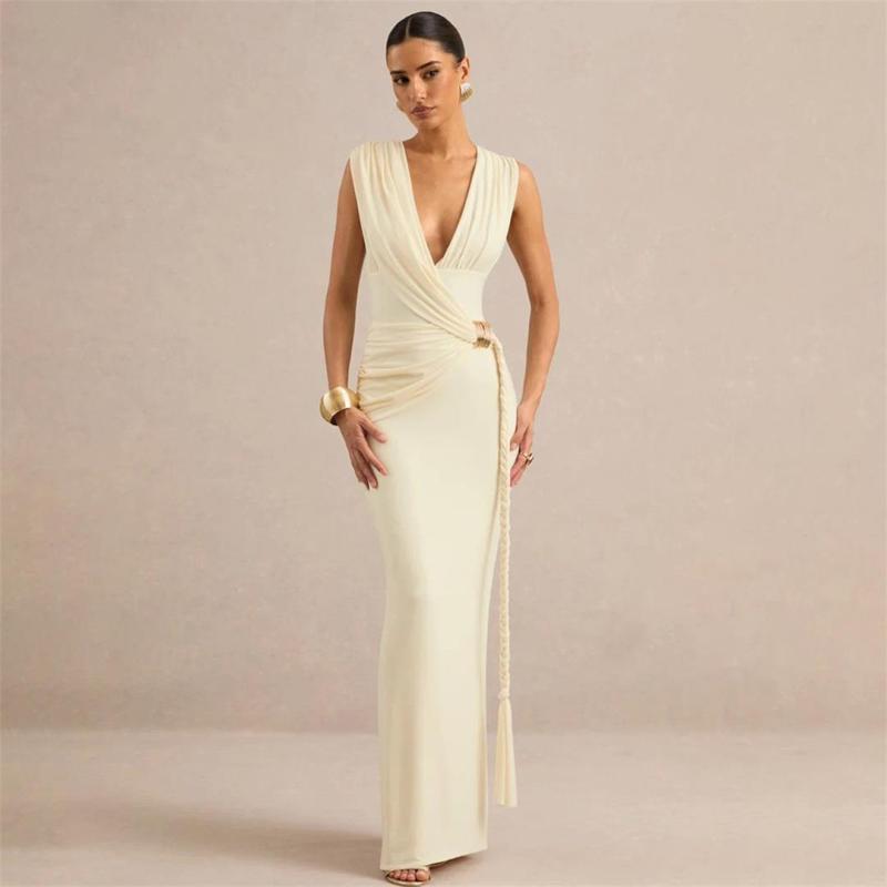 Light Yellow Sleeveless Deep V Neck Pleated Metal Bodycon Formal Maxi Dress
