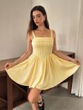 Yellow Straps Low Cut Fishboned Lace Up Bandage Mini Dress