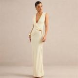 Light Yellow Sleeveless Deep V Neck Pleated Metal Bodycon Formal Maxi Dress