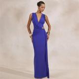 Blue Sleeveless Deep V Neck Pleated Metal Bodycon Formal Maxi Dress
