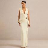 Light Yellow Sleeveless Deep V Neck Pleated Metal Bodycon Formal Maxi Dress