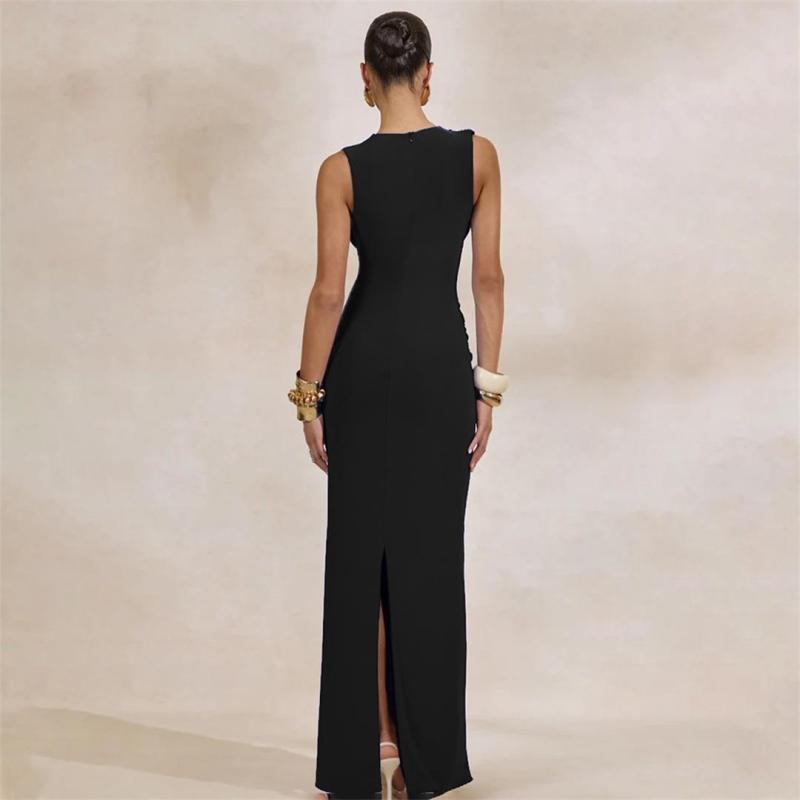 Black Sleeveless Deep V Neck Pleated Metal Bodycon Formal Maxi Dress
