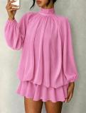 Pink Long Sleeve Mesh Fall Fashion Loose Fit Pleated Ruffles Mini Dress