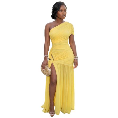 Yellow One Shoulder Pleated Mesh High Split Mesh Party Elegant Dress