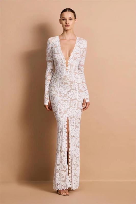 White Lace Long Sleeve Deep V Neck Evening Elegant Bodycon Women Prom Dress