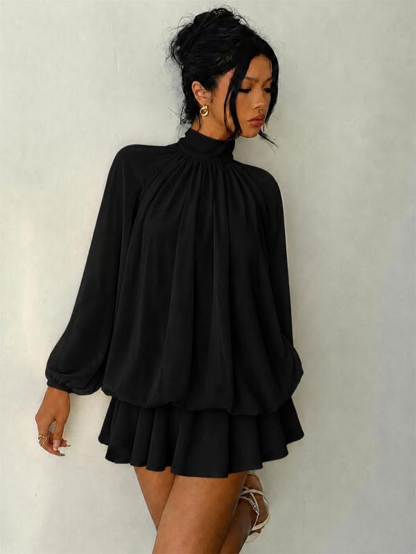 Black Long Sleeve Mesh Fall Fashion Loose Fit Pleated Ruffles Mini Dress