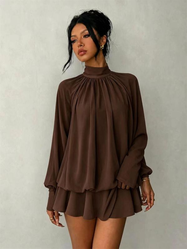 Brown Long Sleeve Mesh Fall Fashion Loose Fit Pleated Ruffles Mini Dress